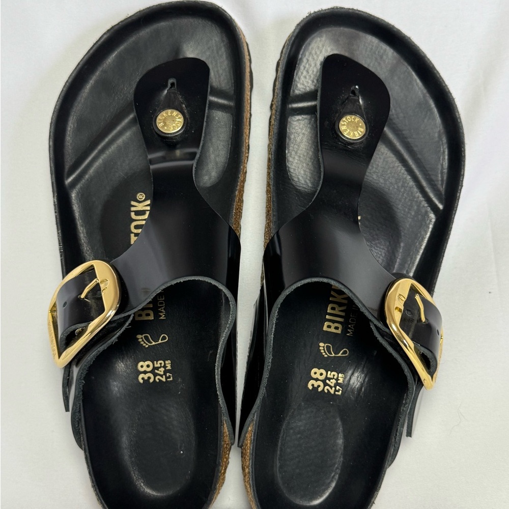 Birkenstock Gizeh Big Buckle Sandals Gold and Black Patent Leather 38